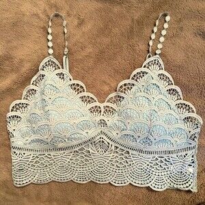 Crochet Lace Baby Light Blue Bralette Cute Embellished Straps Size M